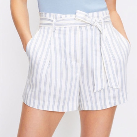 LOFT Pants - LOFT White Blue Striped Paperbag Shorts High Waist Medium